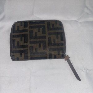 FENDI Vintage Zucca Canvas Leather Zip Around Wallet Brown Black Coin Pouch